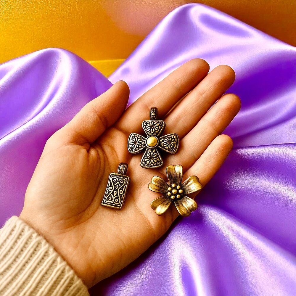 Silver Tone Pendants Scrollwork + Flower + Cross - Lot of 3 PENDANTS